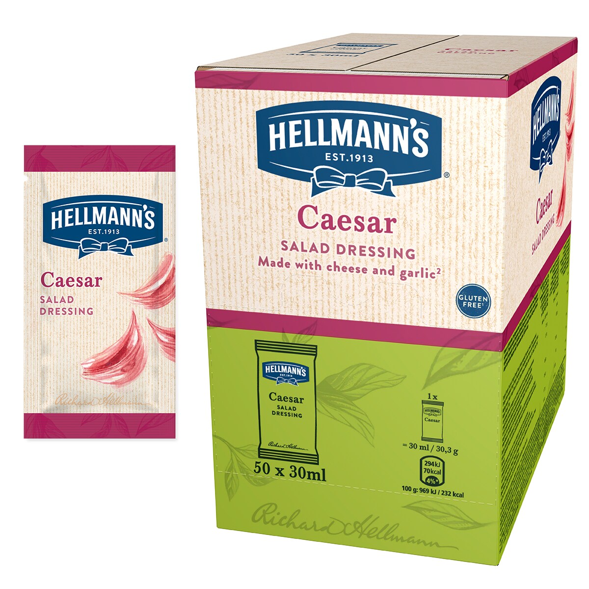 Hellmann's Cesar solatni preliv s sirom in česnom 30 ml - Hellmann’s solatni prelivi, idealni za izboljšanje okusa vaših solat v priročnem porcijskem pakiranju.