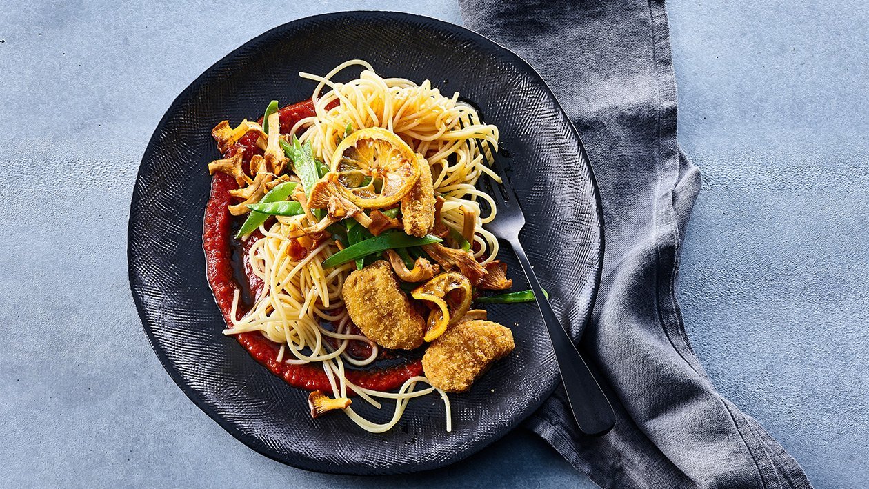 NoChicken Nuggets Limonini špageti z lisičkami in paradižnikovo omako – - Recept