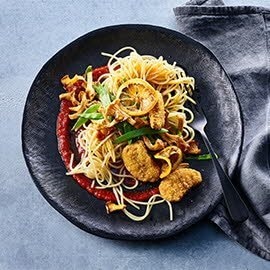 NoChicken Nuggets Limonini špageti z lisičkami in paradižnikovo omako